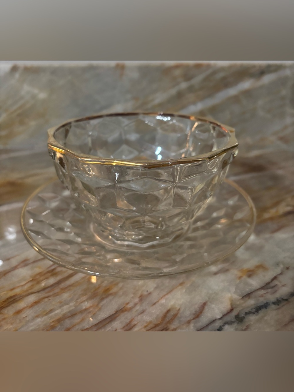 Vintage Glass Teacup and Saucer with Gold Rim - Clear